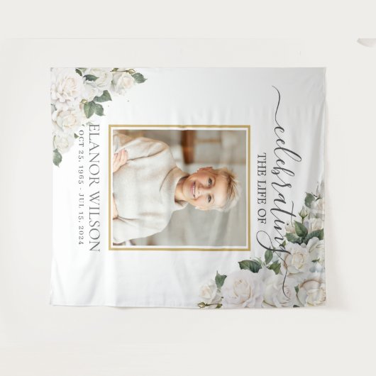 Weiße Rosen Blumenfeier zum Foto des Lebens Wandteppich (Vorderseite (Horizontal))