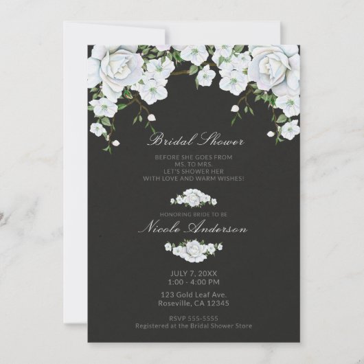 Weiße Rosen, Blüten und Karkohle Grau Brautparty Einladung (Vorderseite)