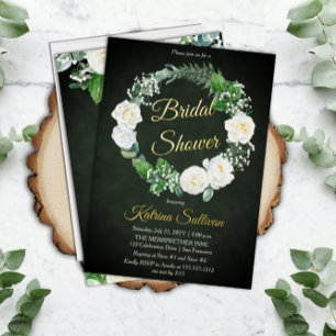 Weiße Rosen Brautparty mit Eukalyptus-Grün Folieneinladung