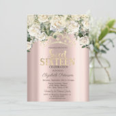 Weiße Rosen, Confetti, Kronen-Rose Gold Süß 16 Einladung (Stehend Vorderseite)