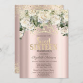 Weiße Rosen, Confetti, Kronen-Rose Gold Süß 16 Einladung (Vorne/Hinten)