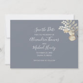 Weiße Rosen Dusty Blue Elegante Save The Date (Rückseite)