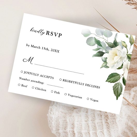 Weiße Rosen Eleganfarbene Hochzeit mit floralen Wa RSVP Karte