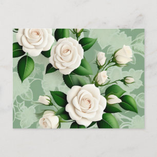 Weiße Rosen Elegant auf Grün Postkarte