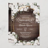Weiße Rosen Elegant Rustikales Holz Floral Quincea Einladung (Vorne/Hinten)