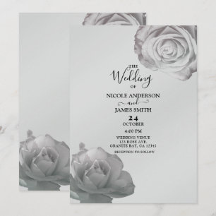 Weiße Rosen Elegante Florale Silber Graue Hochzeit Einladung