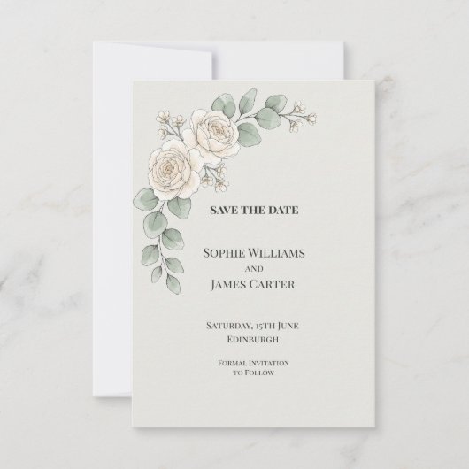 Weiße Rosen-Eukalyptus-Hochzeit Save The Date (Vorderseite)