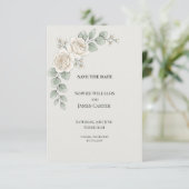Weiße Rosen-Eukalyptus-Hochzeit Save The Date (Stehend Vorderseite)