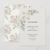 Weiße Rosen-Eukalyptus-Hochzeit Save The Date (Vorne/Hinten)