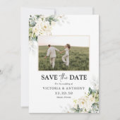 Weiße Rosen Floral Save the Date mit Foto (Vorderseite)