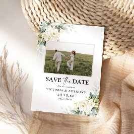 Weiße Rosen Floral Save the Date mit Foto