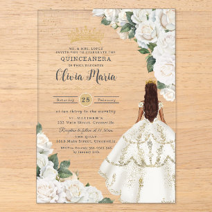 Weiße Rosen Florales Prinzessinnenkleid Gold Quinc Acryleinladungen