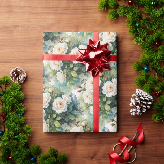 Weiße Rosen Garten Blume im Wasserfarbenstil Geschenkpapier (Feiertagsgeschenk)
