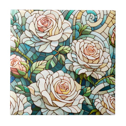 Weiße Rosen Glasmosaik Fliese (Vorderseite)