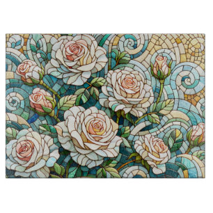 Weiße Rosen Glasmosaik Schneidebrett