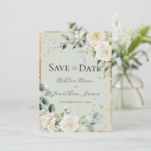 Weiße Rosen Gold Grüne Elegante Moderne Hochzeit Save The Date