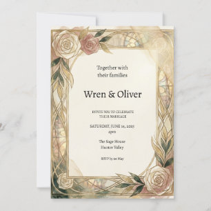 Weiße Rosen-Goldene Art Nouveau Hochzeitseinladung Einladung
