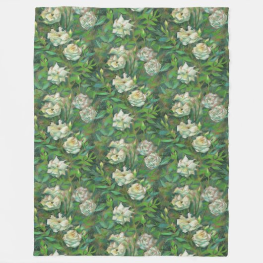 "Weiße Rosen, grüne Blätter", wunderschöne Blume Fleecedecke (Vorderseite)
