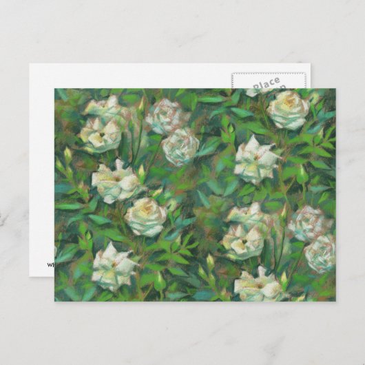 "Weiße Rosen, grüne Blätter", wunderschöne Blume Postkarte (Vorne/Hinten)