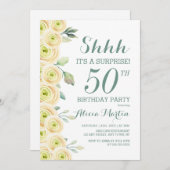 Weiße Rosen Grünpflanzen Überraschung 50. Geburtst Einladung (Vorne/Hinten)