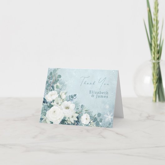 Weiße Rosen Hellebores Silber Eukalyptus Hochzeit Dankeskarte (Vorderseite)
