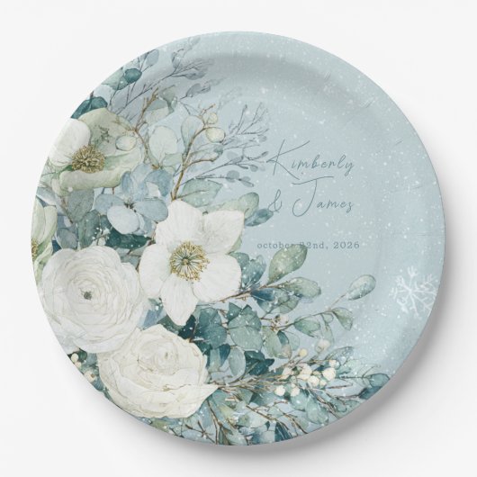 Weiße Rosen Hellebores Silber Eukalyptus Hochzeit Pappteller (Vorderseite)