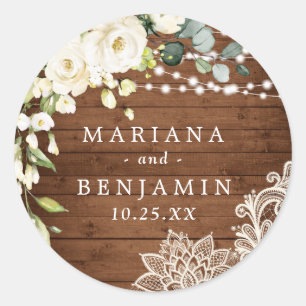 Weiße Rosen Hochzeit Landhausstil Runder Aufkleber