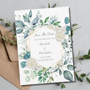 Weiße Rosen Hochzeit mit Grün und Eukalyptus Save The Date