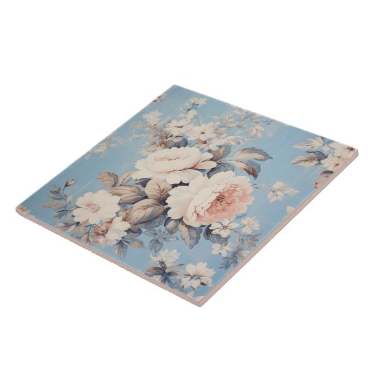 Weiße Rosen im rustikal-blauen Hintergrund Fliese (Seite)