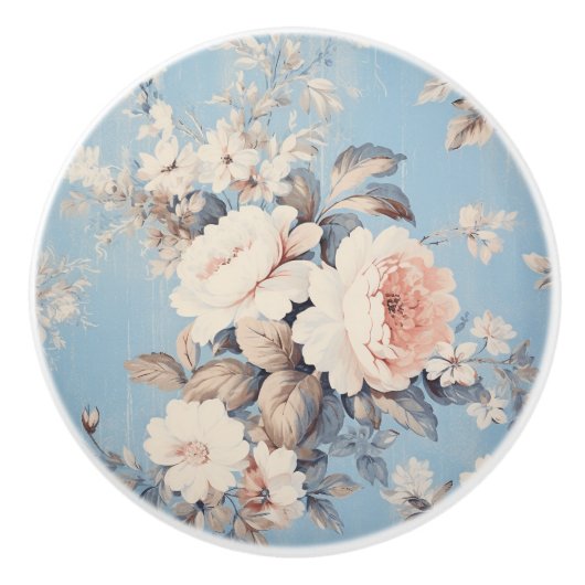 Weiße Rosen im rustikal-blauen Hintergrund Keramikknauf (Vorderseite)