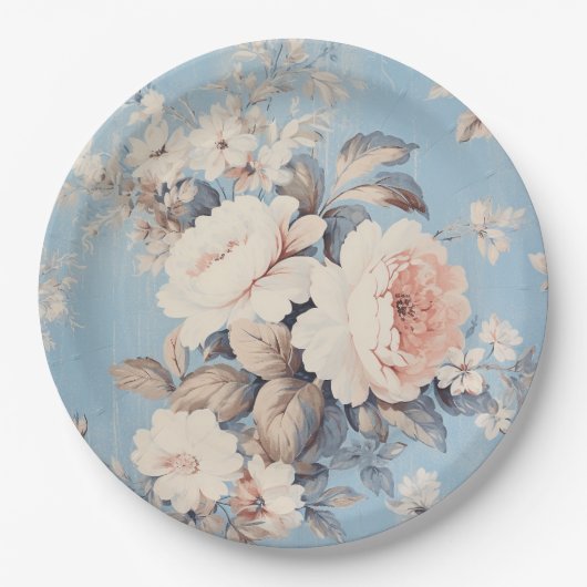 Weiße Rosen im rustikal-blauen Hintergrund Pappteller (Vorderseite)