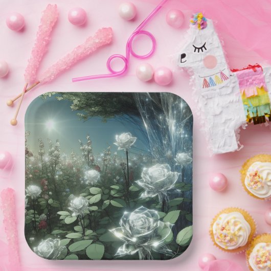 Weiße Rosen im Zaubergarten Pappteller (Party)