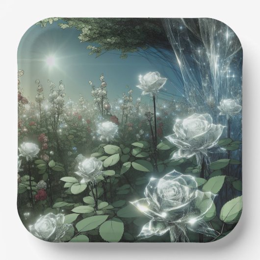 Weiße Rosen im Zaubergarten Pappteller (Vorderseite)