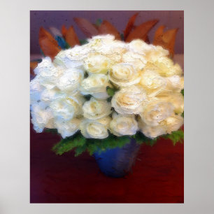Weiße Rosen in blauer Vase Poster