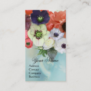 WEIßE ROSEN IN ROSA UND ROT UND ANEMONENBLUMEN MIT VISITENKARTE