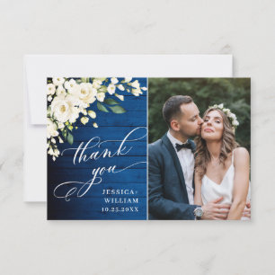 Weiße Rosen königsblaue Holzlaterne Foto Hochzeit Dankeskarte