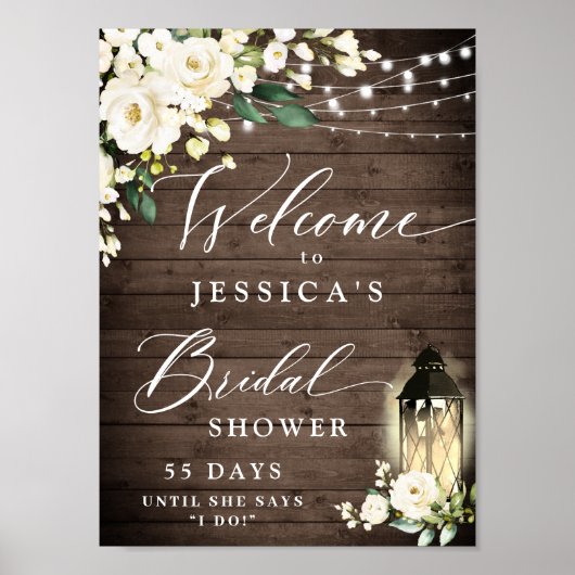 Weiße Rosen Laterne Rustikales Brautparty Poster (Vorne)