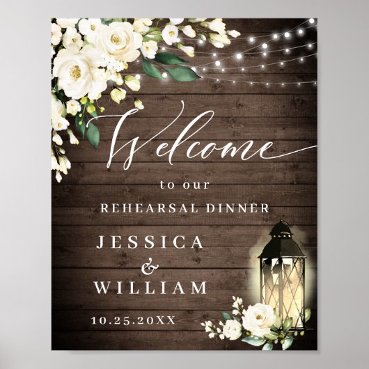Weiße Rosen Laterne Rustikales Holz Probedinner Poster (Vorne)