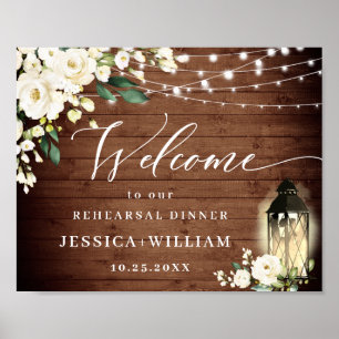 Weiße Rosen Laterne Rustikales Holz Probedinner Poster