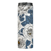 Weiße Rosen mit blauen Blätter auf Weiß Thermosbecher (Rückseite)