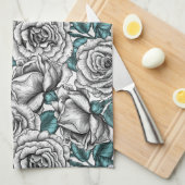 Weiße Rosen mit blauen Blätter Geschirrtuch (Viertel Falte)