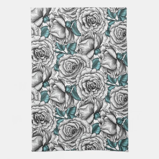 Weiße Rosen mit blauen Blätter Geschirrtuch (Vertikal)
