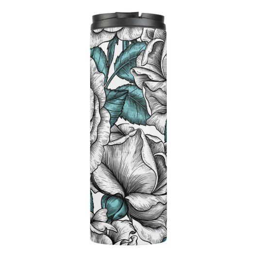 Weiße Rosen mit blauen Blätter Thermosbecher (Rückseite)