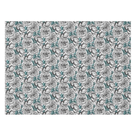 Weiße Rosen mit blauen Blätter Tischdecke (Vorderseite (Horizontal))