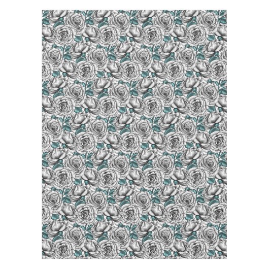 Weiße Rosen mit blauen Blätter Tischdecke (Vorderseite)