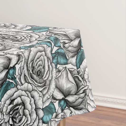 Weiße Rosen mit blauen Blätter Tischdecke (Beispiel)