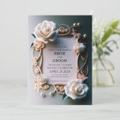 Weiße Rosen mit goldenen Ornamenten Einladung (Stehend Vorderseite)