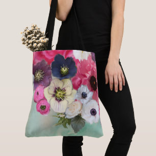 WEIßE ROSEN MIT ROSA FÄRBUNG , ANEMONENBLUMEN , TÜ TASCHE