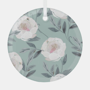 Weiße Rosen Pfingstrosen: Florale Stickerei. Ornament Aus Glas