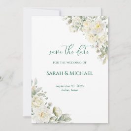 Weiße Rosen retten das Datum der Hochzeitsankündig Save The Date